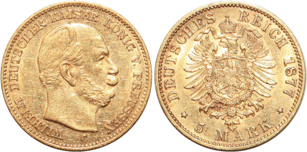 GERMANY 5 Marks Wilhelm Prussia 1877 C Or Gold