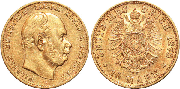 GERMANY 10 Marks Wilhelm Prussia 1878 C Or Gold