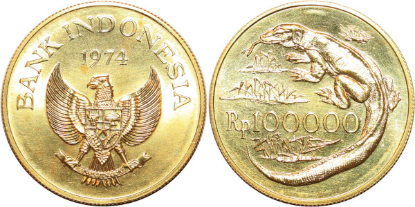 INDONESIA 100000 Rupee Komodo Dragon 1974 Or Gold 