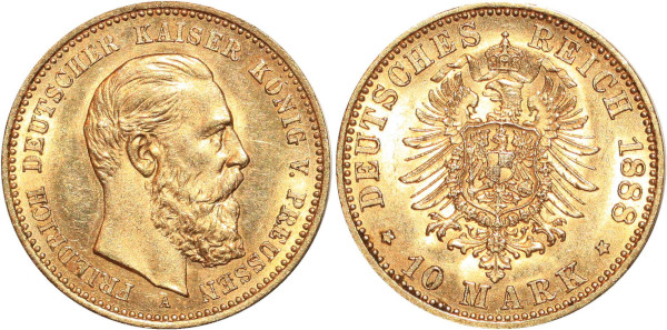 GERMANY 10 Marks Friedrich Prussia 1888 A Or Gold