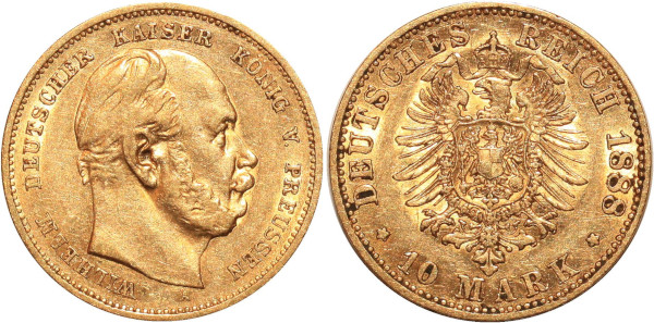 GERMANY 10 Marks Wilhelm Prussia 1888 A Or Gold