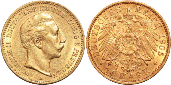 GERMANY 10 Marks Wilhelm II Prussia 1905 A Or Gold