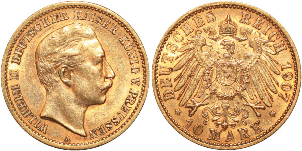 GERMANY 10 Marks Wilhelm II Prussia 1907 A Or Gold