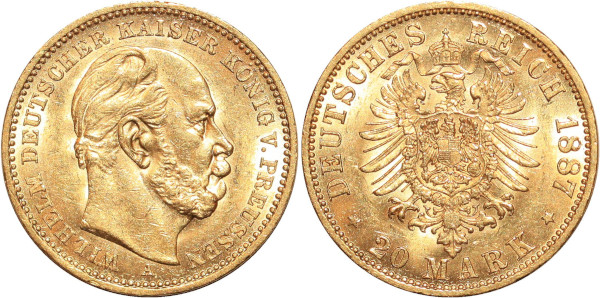 GERMANY 20 Marks Wilhelm Prussia 1887 A Or Gold