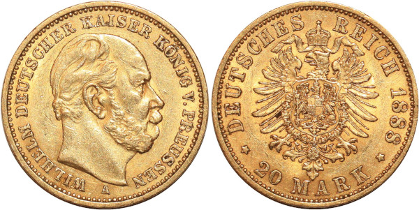 GERMANY 20 Marks Wilhelm Prussia 1888 A Or Gold