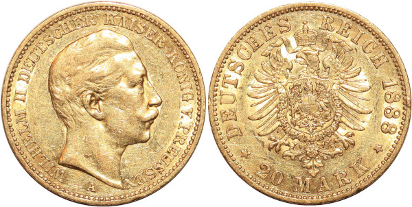 GERMANY 20 Marks Wilhelm II Prussia 1888 A Or Gold