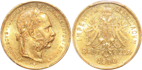 AUSTRIA Finest 8 Gulden Florins Franz Joseph I 1870 Or Gold PCGS MS62