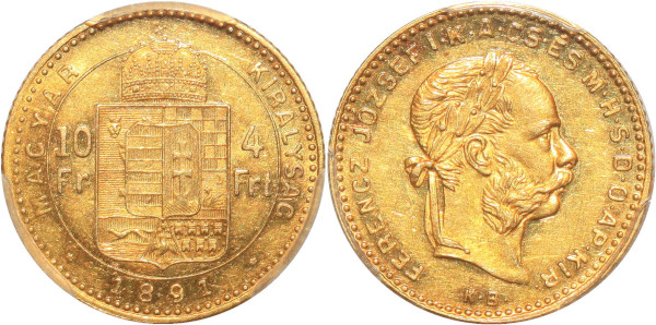 HUNGARY Finest 10 Franken 4 Forint Franz Josef I 1891 KB Kremnitz PCGS AU58