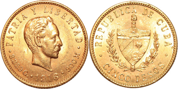 CUBA 5 Pesos 1916 Or Gold