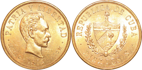 CUBA 2 Pesos 1916 Or Gold