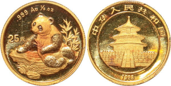 CHINA 25 Yuan Panda Au Small Date 1998 Or Gold MS67