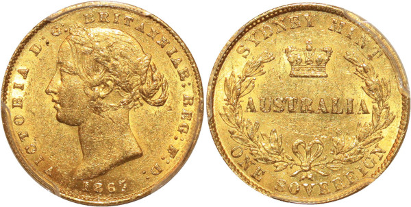 AUSTRALIA Sovereign Victoria 1867 Sydney Or Gold PCGS AU58