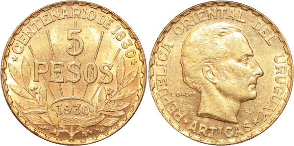 URUGUAY 5 Pesos 1930 Or Gold 