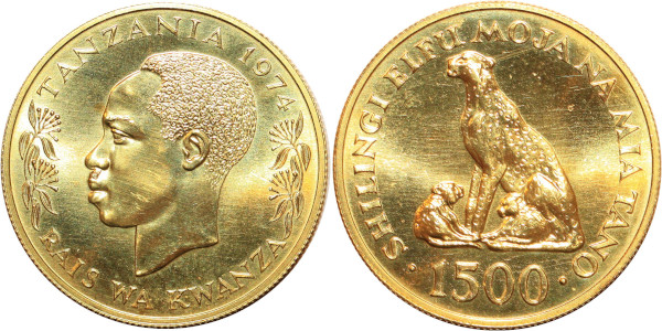 TANZANIA. 1500 Shilingi President J.K. Nyerere 1974 Or Gold UNC 