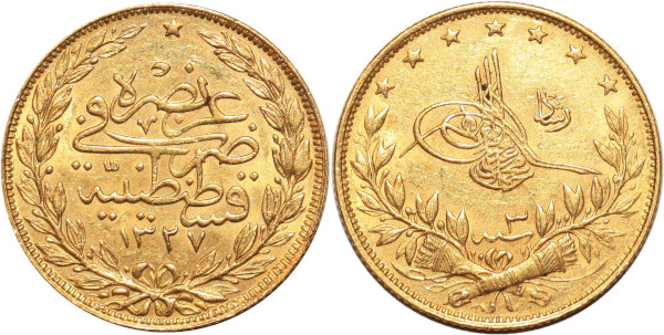 OTTOMAN 100 kurus Muhammad V 1327 /3 1911 Or Gold 