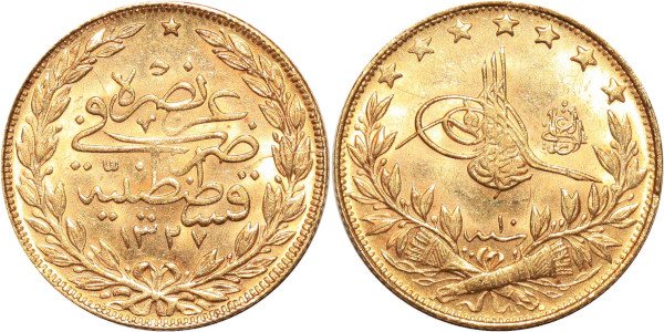 OTTOMAN 100 kurus Muhammad V 1327 /10 1918 Or Gold 
