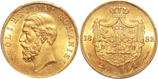 ROMANIA 20 Lei Carol I 1883 Bucharest Or Gold PCGS MS63