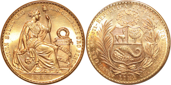 PERU 100 Soles Lima 1964 Or Gold