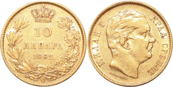 SERBIA 10 Dinara Milan I 1882 V Vienna Or Gold 