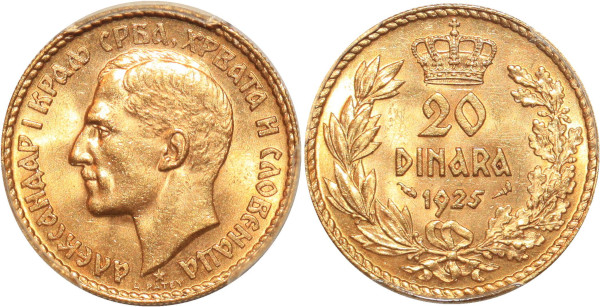 YUGOSLAVIA 20 Dinara 1925 Or Gold  PCGS MS64
