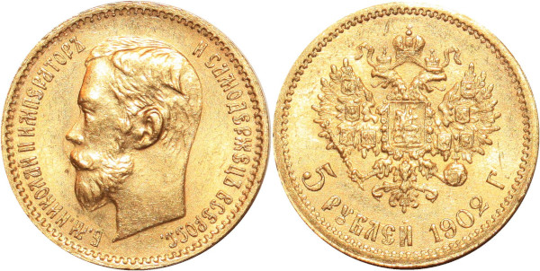 RUSSIA 5 Roubles Nicholas II 1902 AГ Or Gold 