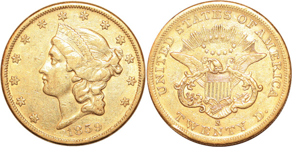 USA 20 Dollars Liberty 1859 S San Francisco Or Gold