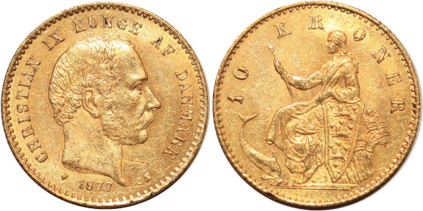 DANEMARK 10 Kroner Christian IX 1877 Copenhagen Or Gold UNC