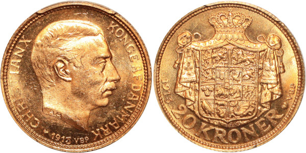 DANEMARK 20 Kroner Christian X 1913 VBP Or Gold PCGS MS65