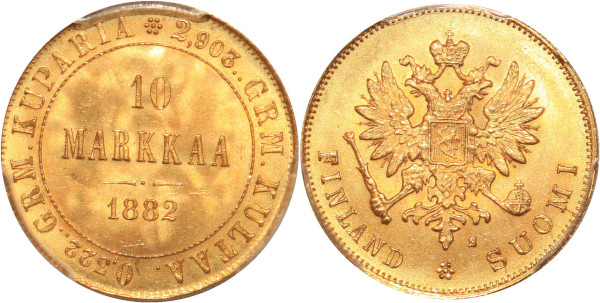 Finest FINLAND Russian Duchy 10 markkaa 1882 S Or Gold PCGS MS66