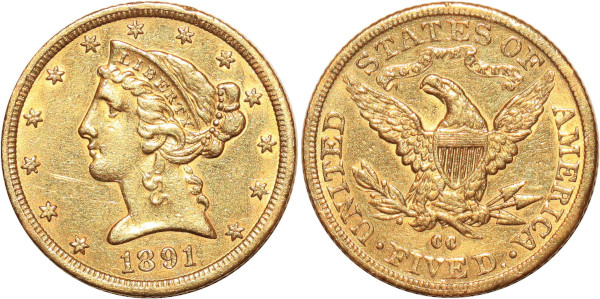 USA 5 Dollars Liberty 1891 CC Carston City Or Gold 