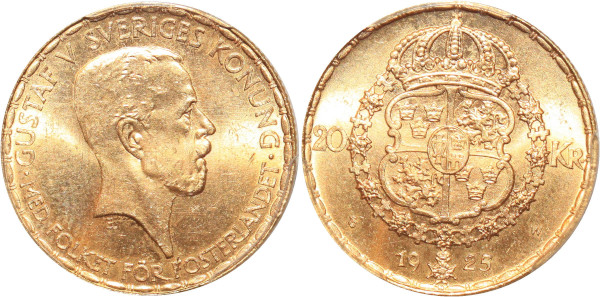 SWEDEN 20 Kroner Gustav V 1925 W Or Gold PCGS MS64