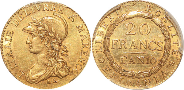 ITALY 20 Francs Piedmont Marengo an 10 Or Gold PCGS AU55