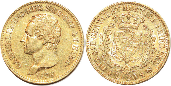 ITALY Sardegna 20 Lire Karl Felix 1826 Turin Or Gold