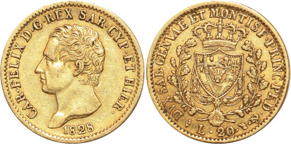 ITALY Sardegna 20 Lire Karl Felix 1828 Turin Or Gold