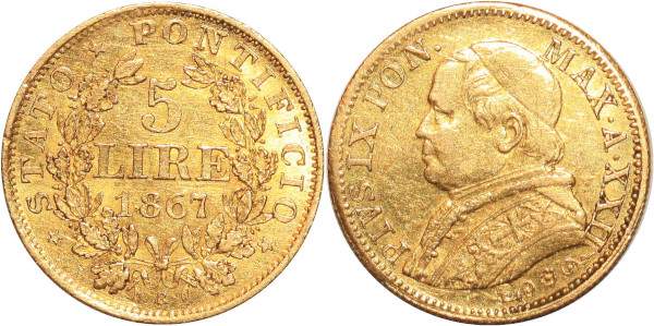 ITALY VATICAN 5 Lire Pio IX 1867 Roma Or Gold AU