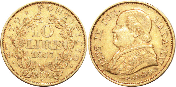 ITALY VATICAN 10 Lire Pio IX 1867 Roma Or Gold AU