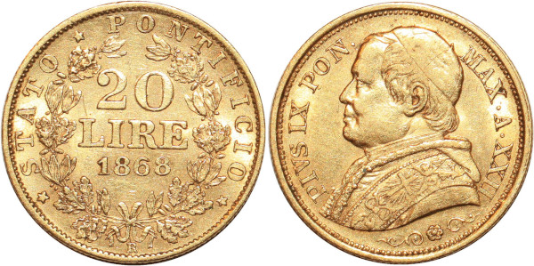 ITALY VATICAN 20 Lire Pio IX 1868 Roma Or Gold AU