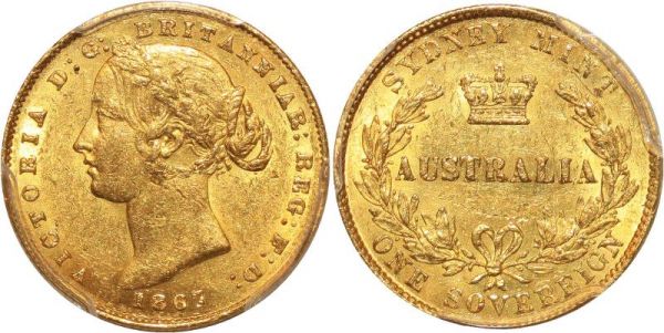 Australia 1 Sovereign Victoria 1867 Sydney Or Gold PCGS AU58 