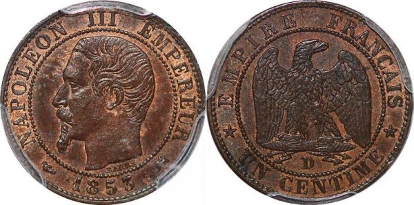 France 1 centime Napoléon III 1853 D Lyon PCGS MS63 BN