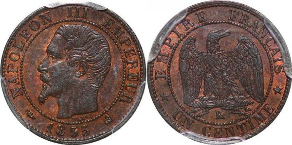 France 1 centime Napoléon III 1855 K Bordeaux Chien PCGS MS63 BN