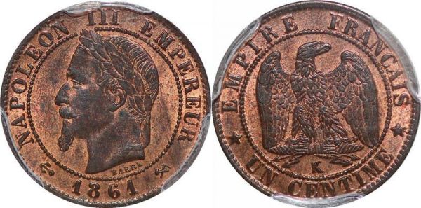 France 1 centime Napoléon III 1861 K Bordeaux PCGS MS63 RB