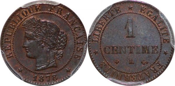 France 1 centime Cérès 1878 K Bordeaux PCGS MS62 BN
