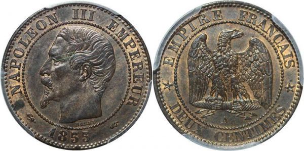 France 2 centimes Napoléon III 1855 A Paris PCGS MS63 BN