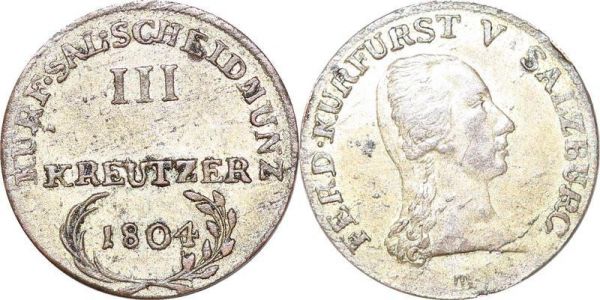 Austria Salzburg 3 Kreutzer Ferdinand III 1804 Silver AU UNC