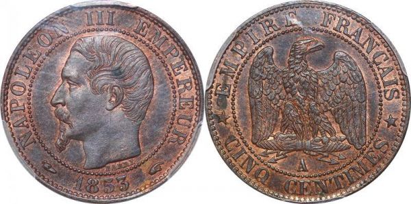 France 5 centimes Napoléon III 1853 A Paris PCGS MS63 BN