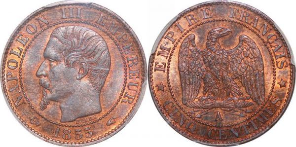 France 5 centimes Napoléon III 1855 A Paris Ancre PCGS MS64 RB