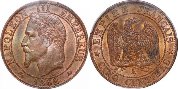 France 5 centimes Napoléon III 1862 A Paris PCGS MS63 RB