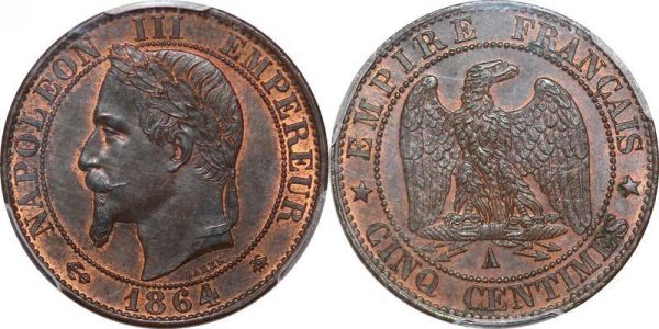 France 5 centimes Napoléon III 1864 A Paris PCGS MS63 BN