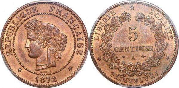 France 5 centimes Cérès 1872 A Paris PCGS MS64 RB