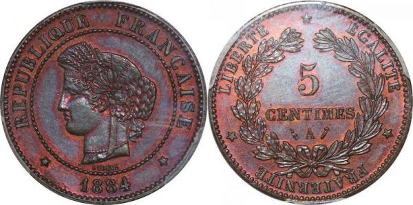 France 5 centimes Cérès 1884 A Paris PCGS MS63 BN